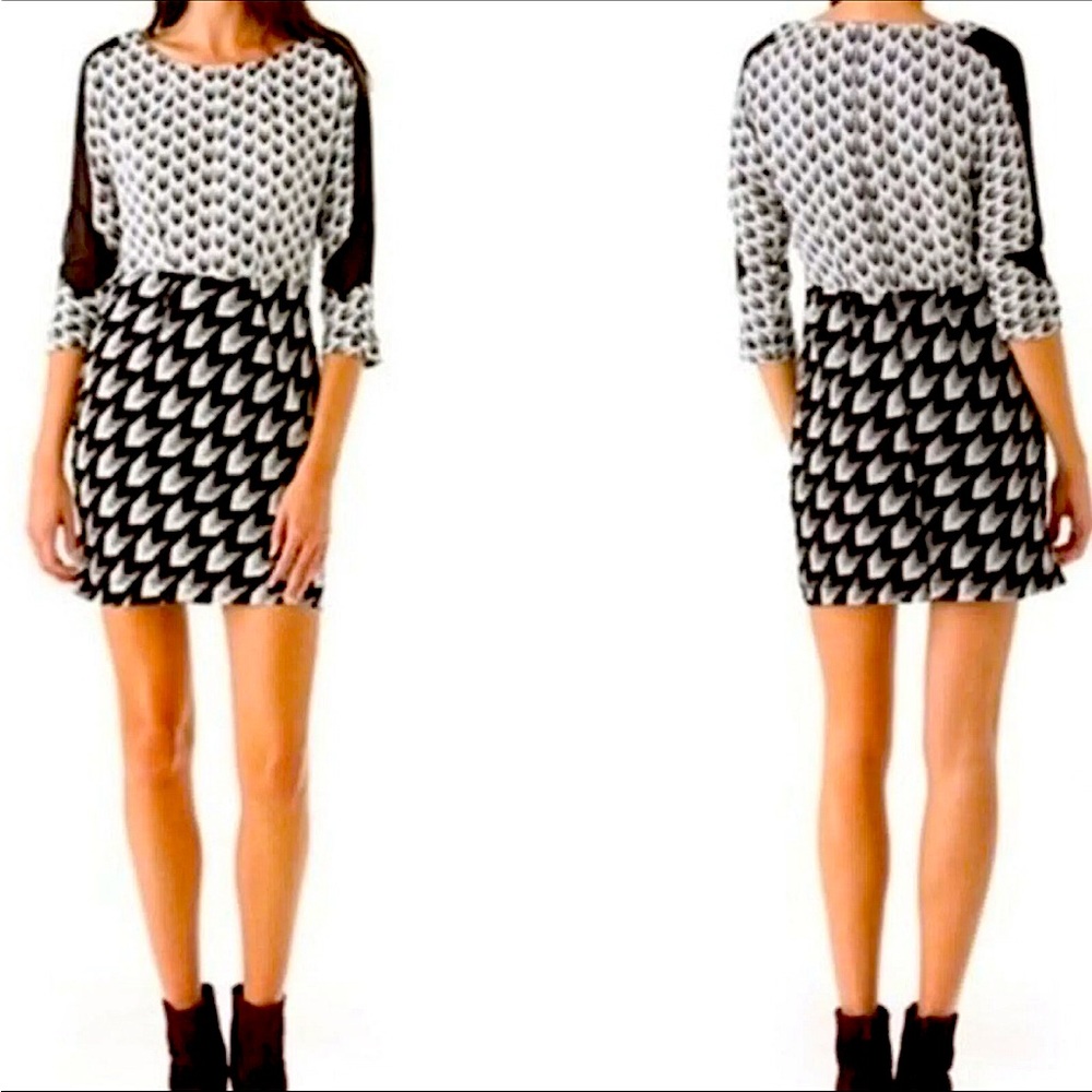 Rag & Bone Silk Crepe Gayatri Shift Dress Sz S Arrow Chevron Print Black & White